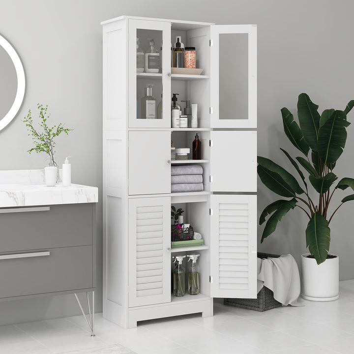 Coluna de Casa de Banho Móvel Auxiliar para Casa de Banho com 6 Portas Prateleiras Ajustáveis Anti-tombo Armário de Casa de Banho Moderno 60x30x170,5 cm Branco