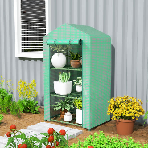 Estufa de Jardim de 3 Níveis Estufa de Exterior com 3 Prateleiras Porta Enrolável Estrutura Metálica Cobertura de PE Anti-UV Impermeável para Varanda e Terraço 69x49x125 cm Verde