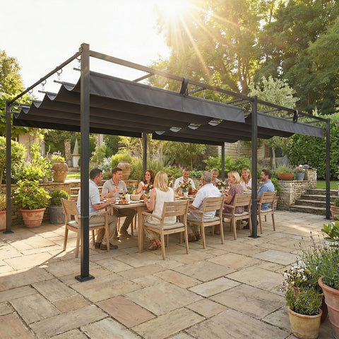 Pérgola de Jardim 6x3 m com Telhado Retrátil, Pavilhão de Jardim com Proteção UPF50+, Drenagem, Estrutura Metálica, Pérgola para Pátio, Terraço, Exterior, Branco e Cinzento Escuro