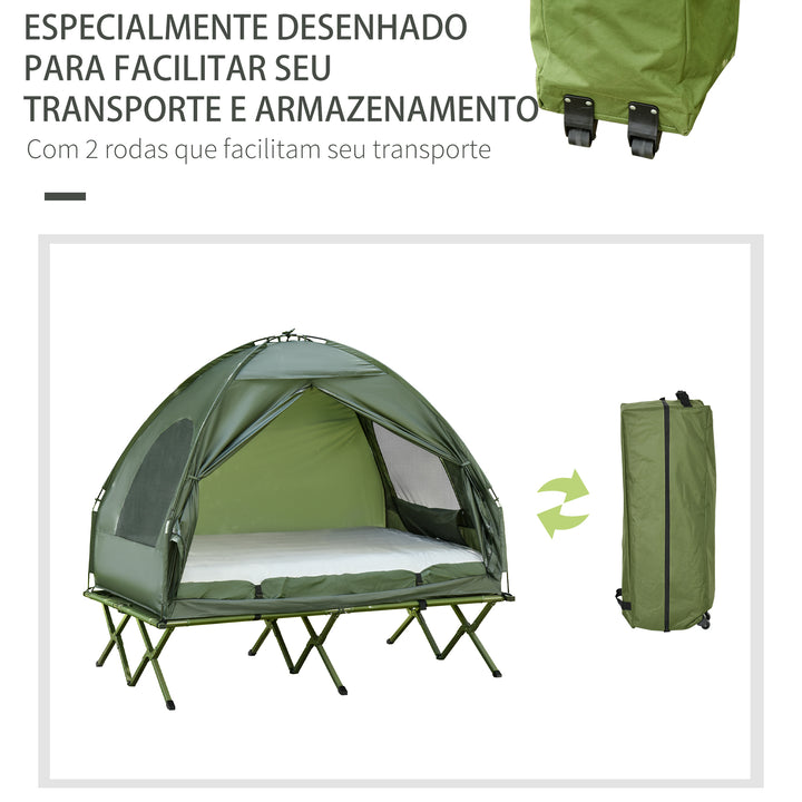 Cama Dupla de Campismo Dobrável com Tenda 2 em 1 Cama de Campismo Elevada com Colchão Inflável e Bolsa de Transporte Tecido Oxford Aço 193x145x180cm Verde
