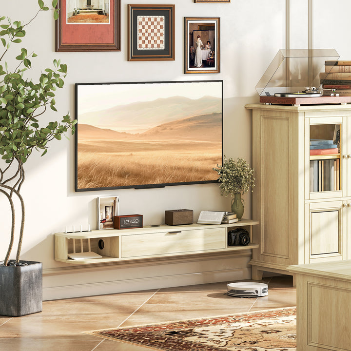 Móvel de TV Suspenso Móvel de TV para Sala com Gaveta Rebatível 2 Prateleiras Abertas Orifício para Cabos Estilo Moderno para Televisão 60 Polegadas 140x24x16 cm Madeira