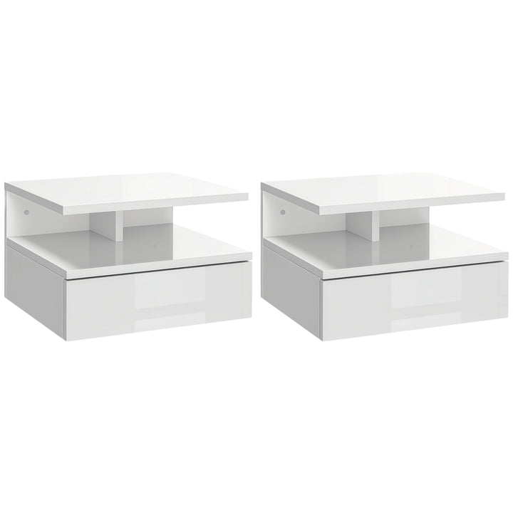 Conjunto de 2 Mesas de Cabeceira Flutuante com 1 Gaveta e Prateleira Aberta com Desenho Moderno Montado na Parede 35x32x22,5 cm Branco