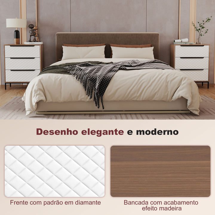 Cómoda com 3 Gavetas de Tecido Cómoda para Quarto Frentes com Padrão de Diamante Móvel de Arrumação para Sala de Estar Escritório Closet 59,5x30x73,5 cm Madeira e Branco