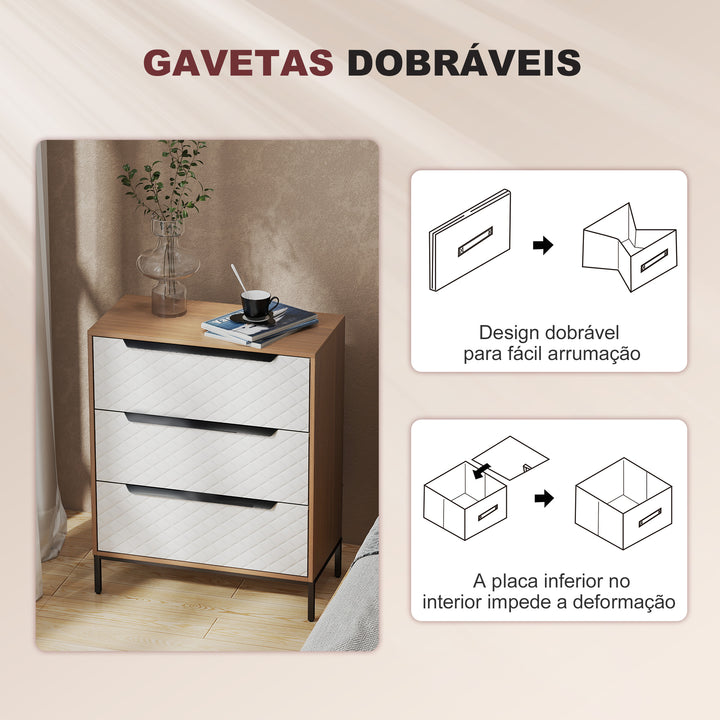 Cómoda com 3 Gavetas de Tecido Cómoda para Quarto Frentes com Padrão de Diamante Móvel de Arrumação para Sala de Estar Escritório Closet 59,5x30x73,5 cm Madeira e Branco