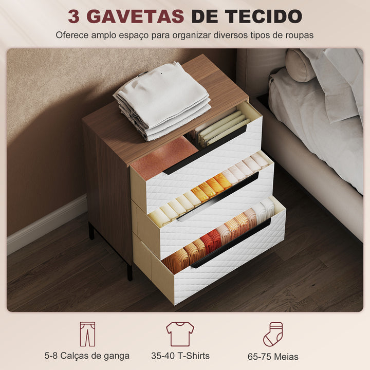 Cómoda com 3 Gavetas de Tecido Cómoda para Quarto Frentes com Padrão de Diamante Móvel de Arrumação para Sala de Estar Escritório Closet 59,5x30x73,5 cm Madeira e Branco