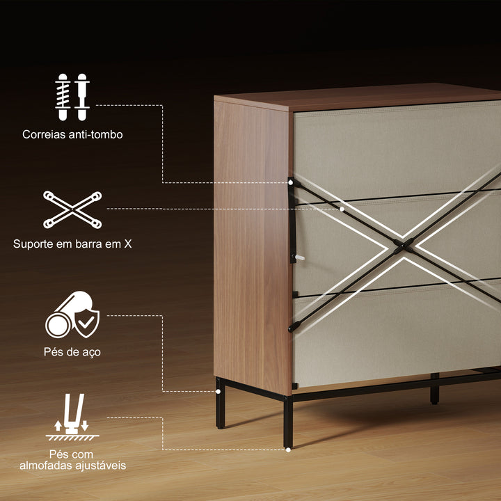Cómoda com 3 Gavetas de Tecido Cómoda para Quarto Frentes com Padrão de Diamante Móvel de Arrumação para Sala de Estar Escritório Closet 59,5x30x73,5 cm Madeira e Branco