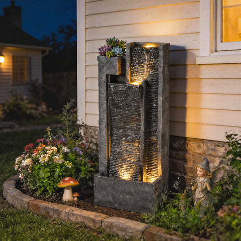Fonte de Água Decorativa com Iluminação LED e Vaso Fonte de Jardim Exterior em Cascata de 3 Níveis com Bomba Resistente à Intempérie para Jardim Pátio 38x19x101?cm Cinzento Escuro