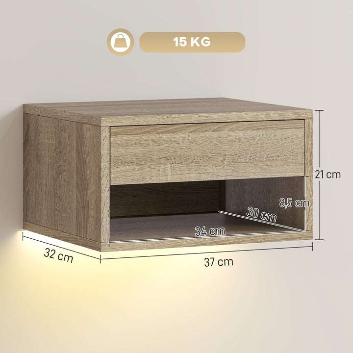 Conjunto de 2 Mesas de Cabeceira Flutuantes com Luzes LED RGB Controlo por APP Mesas de Cabeceira para Quarto com Gaveta Prateleira Aberta 37x32x21 cm Madeira