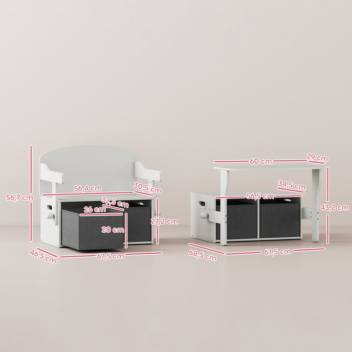 Banco para Crianças Conversível 3 em 1 Conjunto de Mesa e Cadeira Baú de Brinquedos com Cubos de Tecido Removíveis Banco de Armazenamento Móvel Multifuncional para Crianças 3-6 Anos Branco