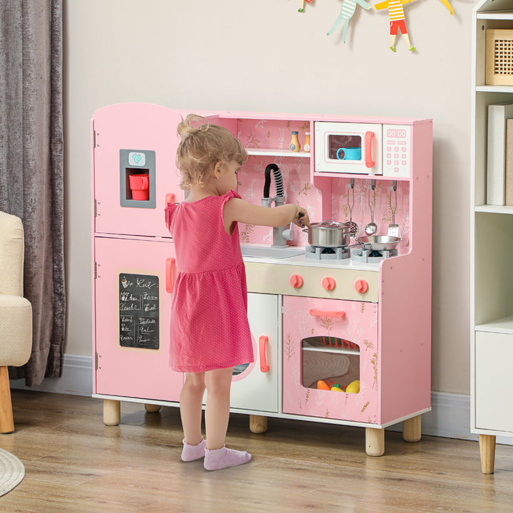 Cozinha de Madeira para Crianças acima de 3 Anos Cozinha Infantil com Sons Fogão Forno Micro-Ondas Máquina de Gelo e Acessórios 90x33,3x91,6 cm Rosa