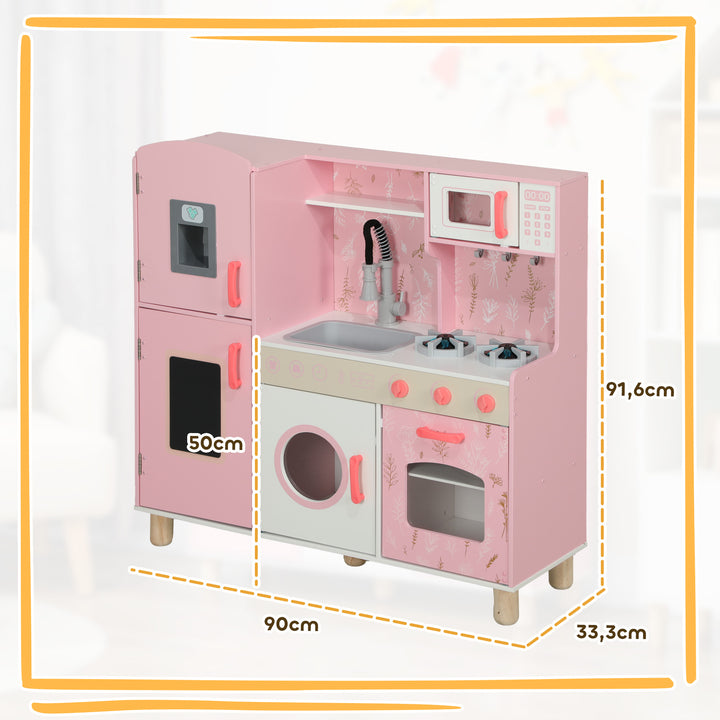 Cozinha de Madeira para Crianças acima de 3 Anos Cozinha Infantil com Sons Fogão Forno Micro-Ondas Máquina de Gelo e Acessórios 90x33,3x91,6 cm Rosa