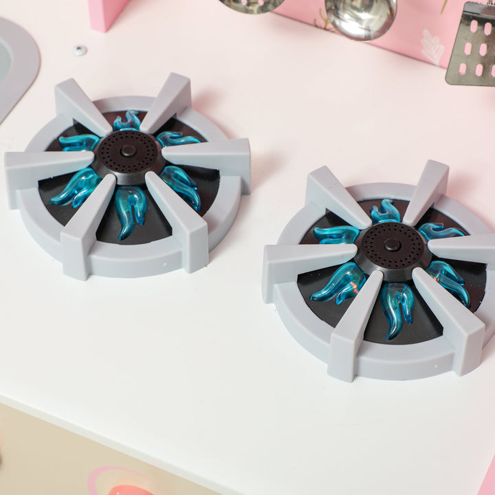 Cozinha de Madeira para Crianças acima de 3 Anos Cozinha Infantil com Sons Fogão Forno Micro-Ondas Máquina de Gelo e Acessórios 90x33,3x91,6 cm Rosa