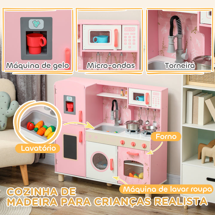 Cozinha de Madeira para Crianças acima de 3 Anos Cozinha Infantil com Sons Fogão Forno Micro-Ondas Máquina de Gelo e Acessórios 90x33,3x91,6 cm Rosa