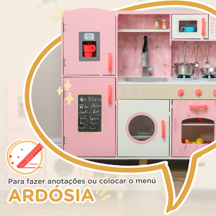 Cozinha de Madeira para Crianças acima de 3 Anos Cozinha Infantil com Sons Fogão Forno Micro-Ondas Máquina de Gelo e Acessórios 90x33,3x91,6 cm Rosa