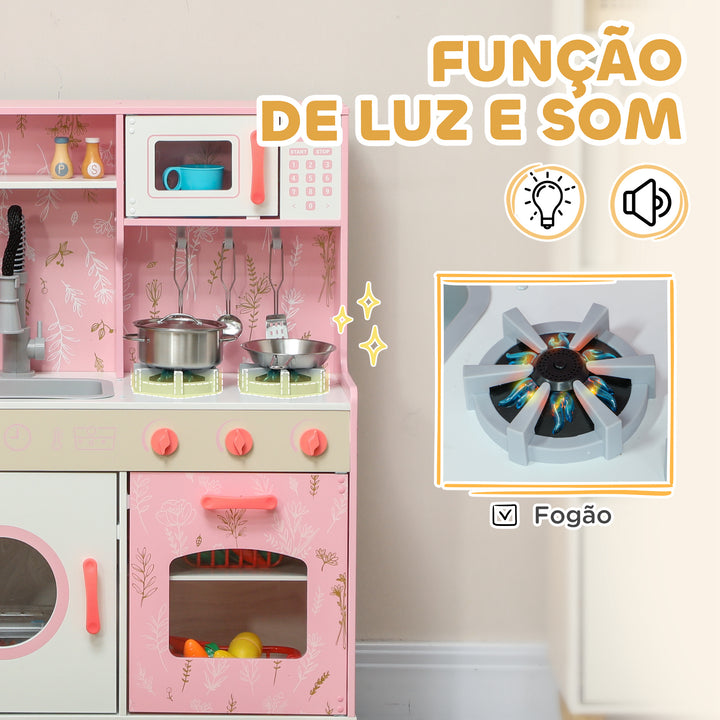 Cozinha de Madeira para Crianças acima de 3 Anos Cozinha Infantil com Sons Fogão Forno Micro-Ondas Máquina de Gelo e Acessórios 90x33,3x91,6 cm Rosa