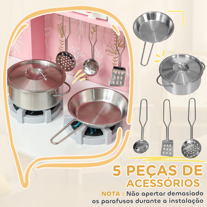 Cozinha de Madeira para Crianças acima de 3 Anos Cozinha Infantil com Sons Fogão Forno Micro-Ondas Máquina de Gelo e Acessórios 90x33,3x91,6 cm Rosa