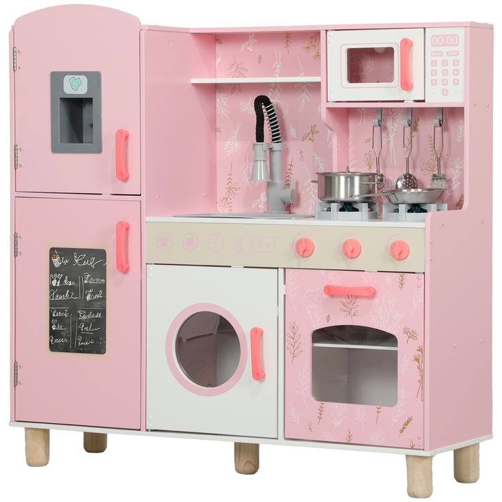 Cozinha de Madeira para Crianças acima de 3 Anos Cozinha Infantil com Sons Fogão Forno Micro-Ondas Máquina de Gelo e Acessórios 90x33,3x91,6 cm Rosa