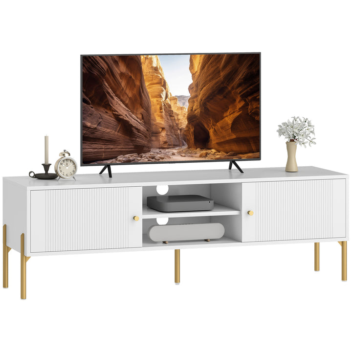 Móvel de TV Moderno de 2 Portas Móvel de TV para Sala com 2 Prateleiras Abertas Ajustáveis Orifícios para Cabos Pernas de Aço para Televisão 65 Polegadas 140x38x45,9 cm Branco