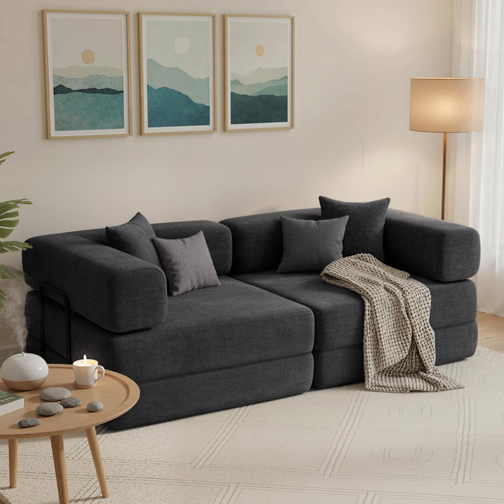 Sofá Cama de 2 Lugares Dobrável Sofá Cama Estofado em Chenilla com 2 Almofadas Braços Largos Acolchoamento Grosso Sem Necessidade de Montagem para Quarto Sala Cinzento Escuro