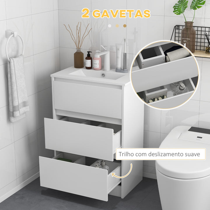 Móvel de Casa de Banho com Lavatório Armário Casa de Banho de Cerâmica Sintética com 2 Gavetas 61x37x88 cm Branco Brilhante