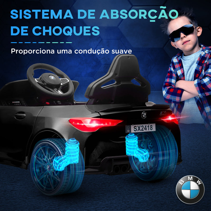 Carro Elétrico para Crianças BMW M4 Veículo Elétrico para Crianças 12V com Controlo Remoto Faróis Buzina Música Velocidade 3-5 km/h Cinto de Segurança Preto