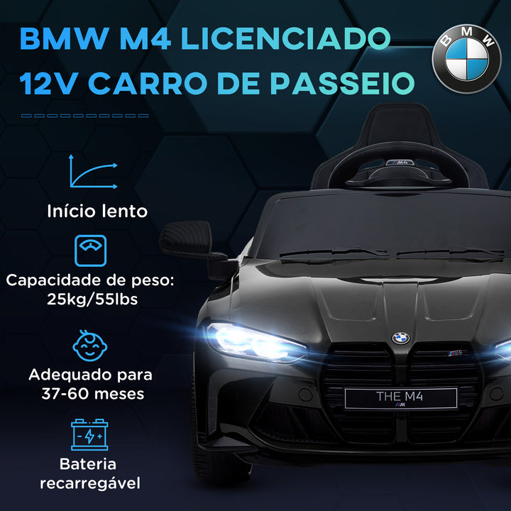 Carro Elétrico para Crianças BMW M4 Veículo Elétrico para Crianças 12V com Controlo Remoto Faróis Buzina Música Velocidade 3-5 km/h Cinto de Segurança Preto