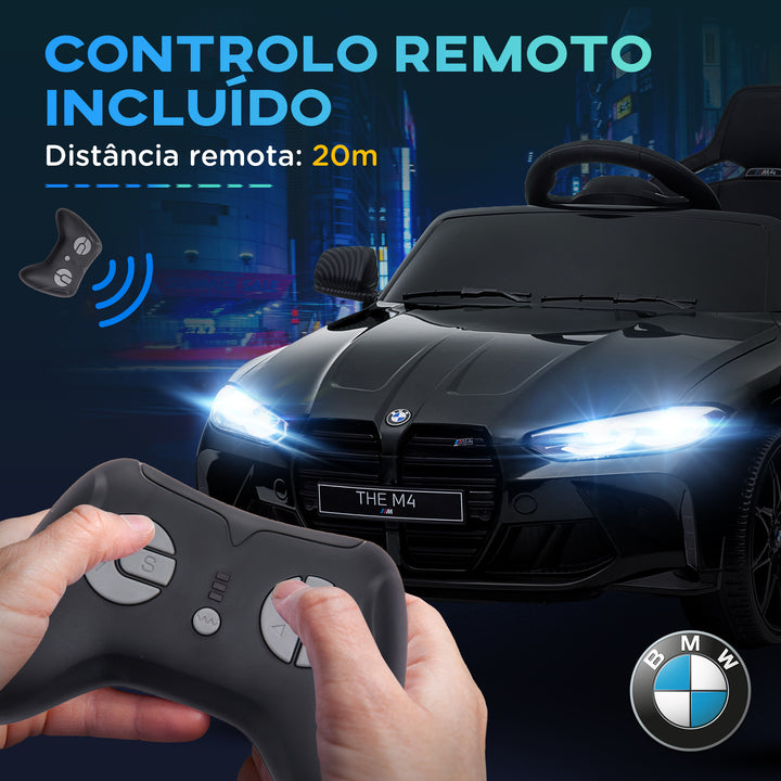 Carro Elétrico para Crianças BMW M4 Veículo Elétrico para Crianças 12V com Controlo Remoto Faróis Buzina Música Velocidade 3-5 km/h Cinto de Segurança Preto