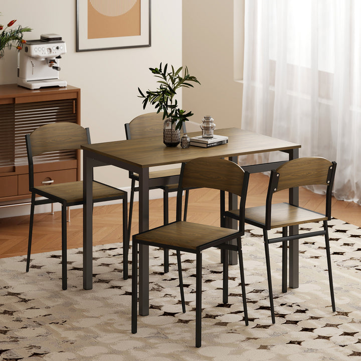 Conjunto de Mesa e Cadeiras de Refeição Mesa de Cozinha Retangular com 4 Cadeiras Estilo Moderno Estrutura Metálica para Espaços Pequenos Castanho Escuro e Preto