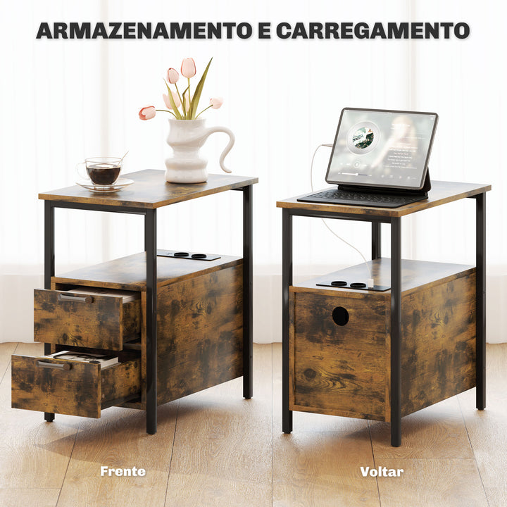 Mesa Auxiliar com Estação de Carga Entrada USB e Tomada Elétrica Mesa de Cabeceira com 2 Gavetas e Prateleira Aberta para Sala de Estar Dormitório 55x35x58,5 cm Marrom Rústico