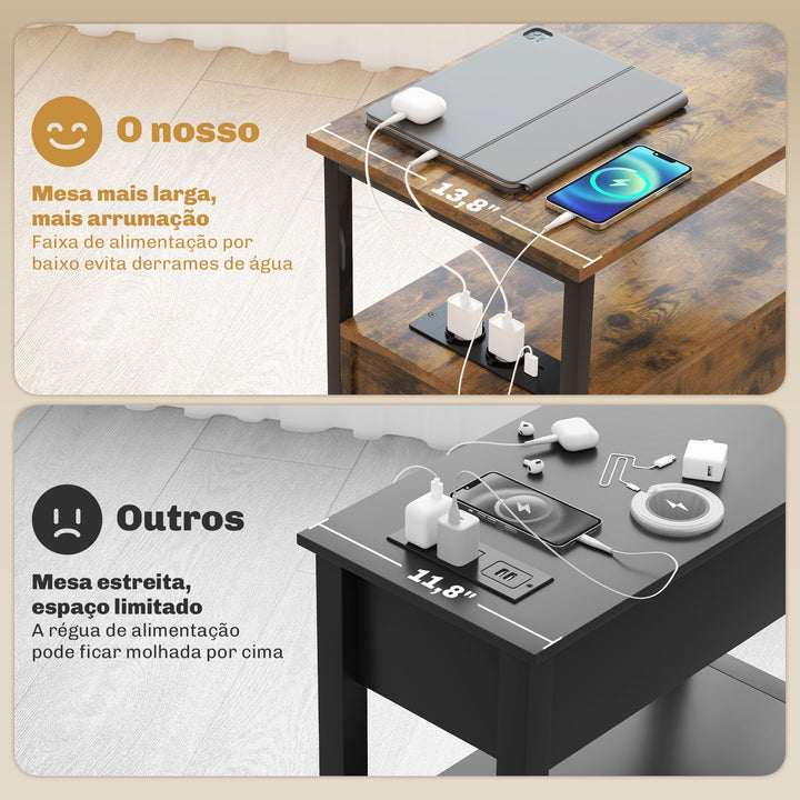 Mesa Auxiliar com Estação de Carga Entrada USB e Tomada Elétrica Mesa de Cabeceira com 2 Gavetas e Prateleira Aberta para Sala de Estar Dormitório 55x35x58,5 cm Marrom Rústico