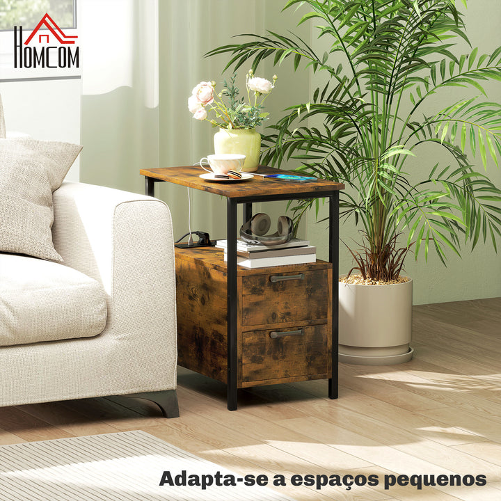 Mesa Auxiliar com Estação de Carga Entrada USB e Tomada Elétrica Mesa de Cabeceira com 2 Gavetas e Prateleira Aberta para Sala de Estar Dormitório 55x35x58,5 cm Marrom Rústico