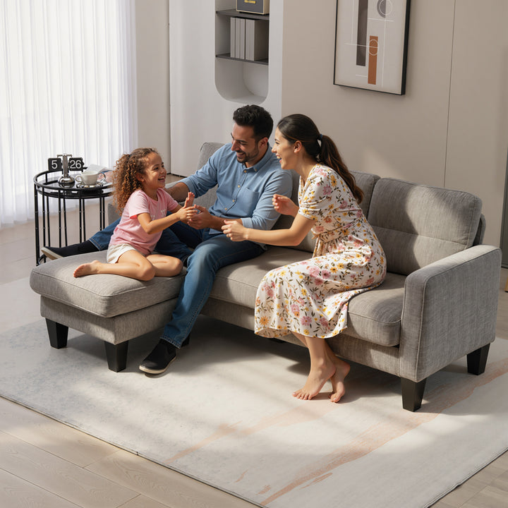 Sofá Chaise Longue Sofá em Forma de L Estofado em Poliéster Sofá de Canto Reversível com 3 Almofadas e Pés de Madeira para Sala de Estar Carga Máxima 180 kg 186x130x84 cm Marrom Acizentado