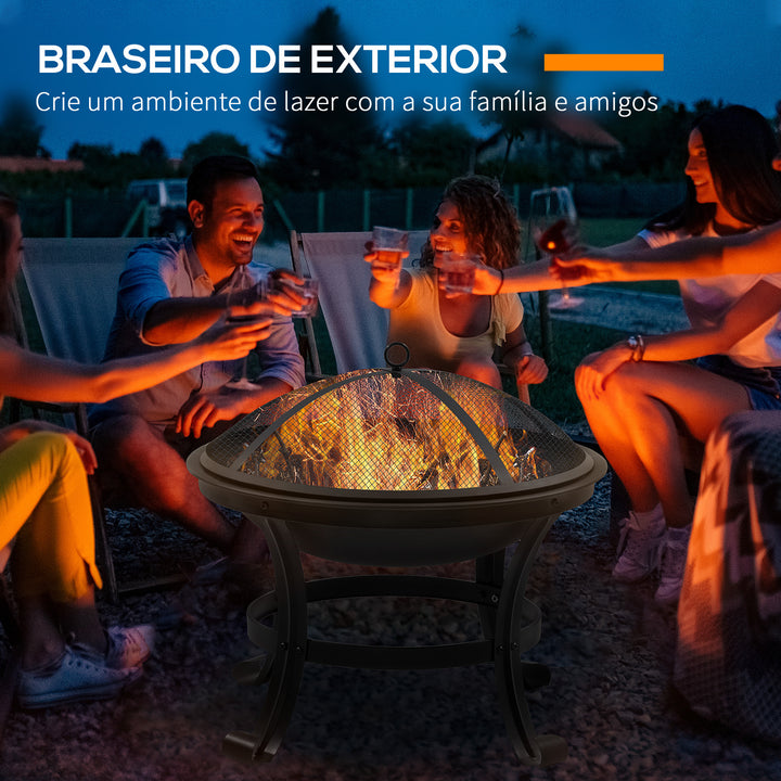 Braseiro de Exterior Braseiro para Jardim de Aço com Tampa Protetora e Atiçador para Fogueiras na Varanda Campismo Ø55x50 cm Preto