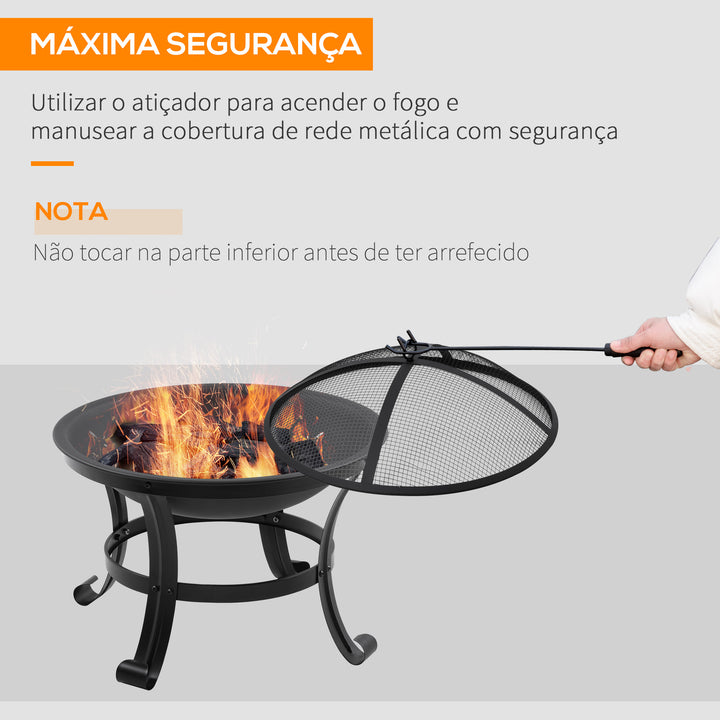 Braseiro de Exterior Braseiro para Jardim de Aço com Tampa Protetora e Atiçador para Fogueiras na Varanda Campismo Ø55x50 cm Preto