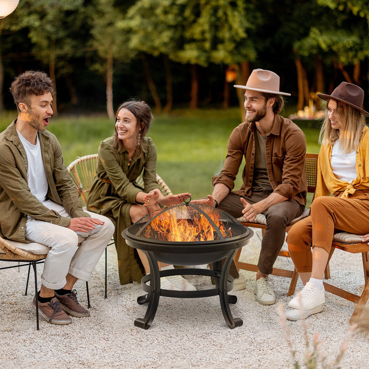 Braseiro de Exterior Braseiro para Jardim de Aço com Tampa Protetora e Atiçador para Fogueiras na Varanda Campismo Ø55x50 cm Preto