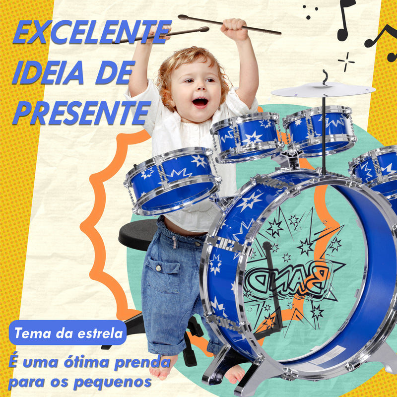 Bateria Infantil com Banco Bateria para Crianças acima de 3 Anos com Tambores Pedal e Baqueta Desenho com Tema de Estrelas 65x22x57 cm Azul