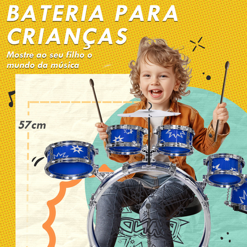 Bateria Infantil com Banco Bateria para Crianças acima de 3 Anos com Tambores Pedal e Baqueta Desenho com Tema de Estrelas 65x22x57 cm Azul