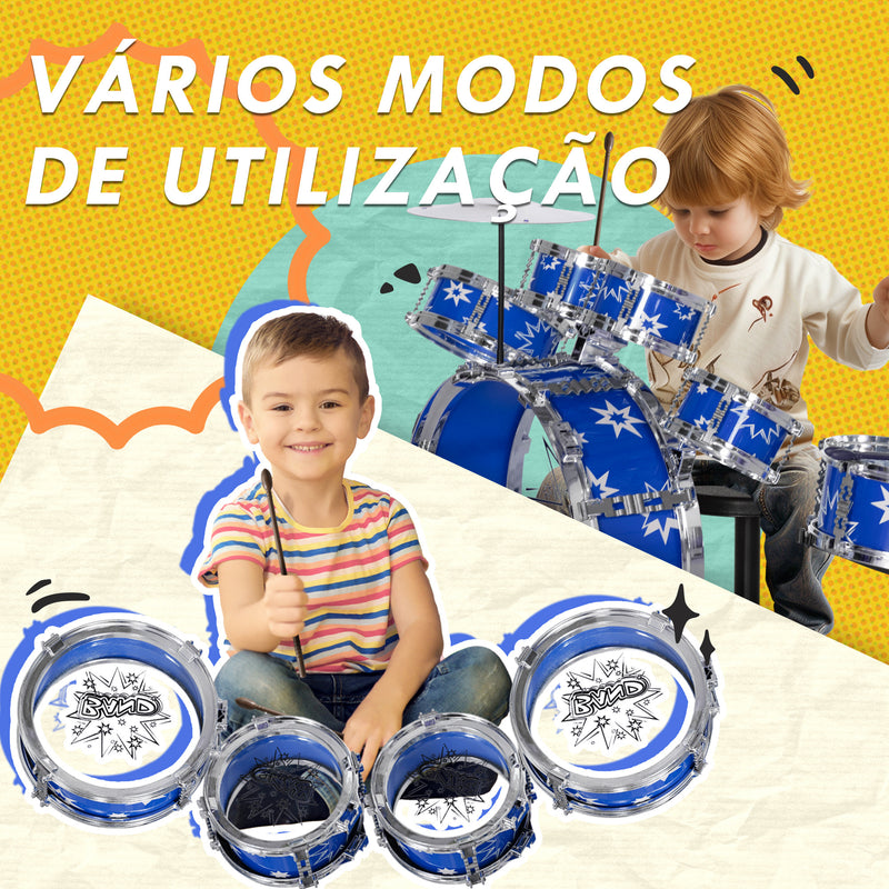 Bateria Infantil com Banco Bateria para Crianças acima de 3 Anos com Tambores Pedal e Baqueta Desenho com Tema de Estrelas 65x22x57 cm Azul