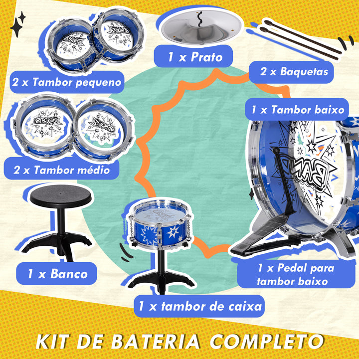 Bateria Infantil com Banco Bateria para Crianças acima de 3 Anos com Tambores Pedal e Baqueta Desenho com Tema de Estrelas 65x22x57 cm Azul
