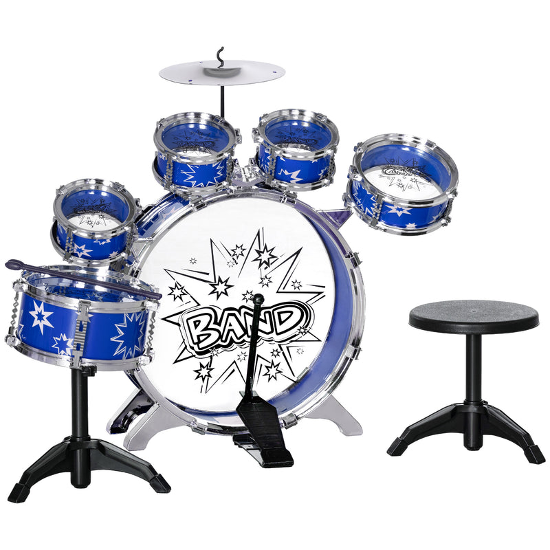 Bateria Infantil com Banco Bateria para Crianças acima de 3 Anos com Tambores Pedal e Baqueta Desenho com Tema de Estrelas 65x22x57 cm Azul