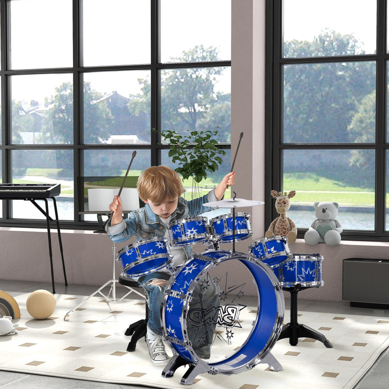 Bateria Infantil com Banco Bateria para Crianças acima de 3 Anos com Tambores Pedal e Baqueta Desenho com Tema de Estrelas 65x22x57 cm Azul