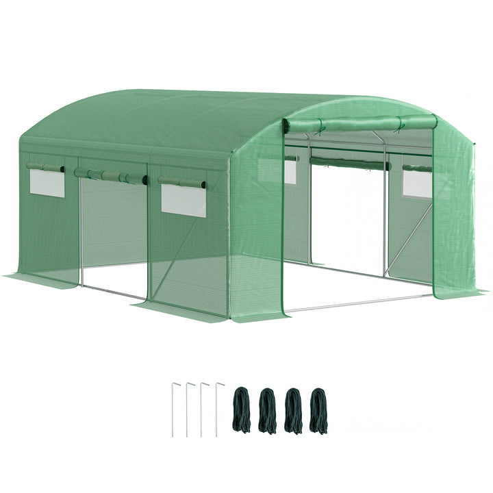 Estufa tipo Túnel 397x300x200 cm Estufa de Exterior com 4 Janelas de Malha Cobertura de PE Anti UV e 3 Portas Enroláveis com Fecho de Correr Estufa para Jardim Pátio Verde