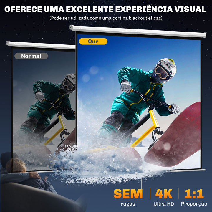 Tela de Projeção Manual 120 Polegadas Tela Portátil Formato 1:1 Ângulo de Visão de 160° para Interior e Exterior Cinema em Casa Pátio 207x207 cm Branco