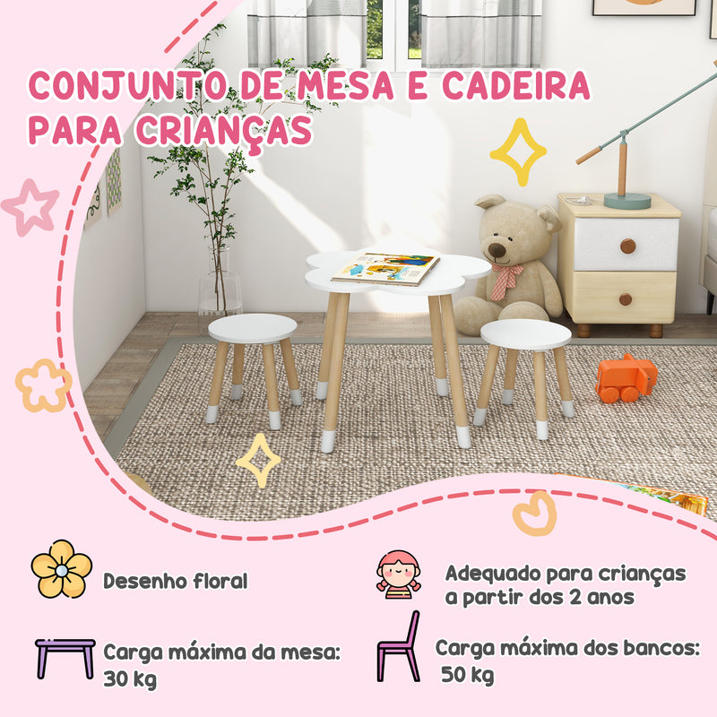 Conjunto de Mesa e 2 Cadeira para Crianças Mesa com Cadeiras para Crianças de 2-5 Anos Mesa com Forma de Flor Ø59x50 cm e Cadeiras Ø28x26 cm para Dormitório Sala de Estar Branco