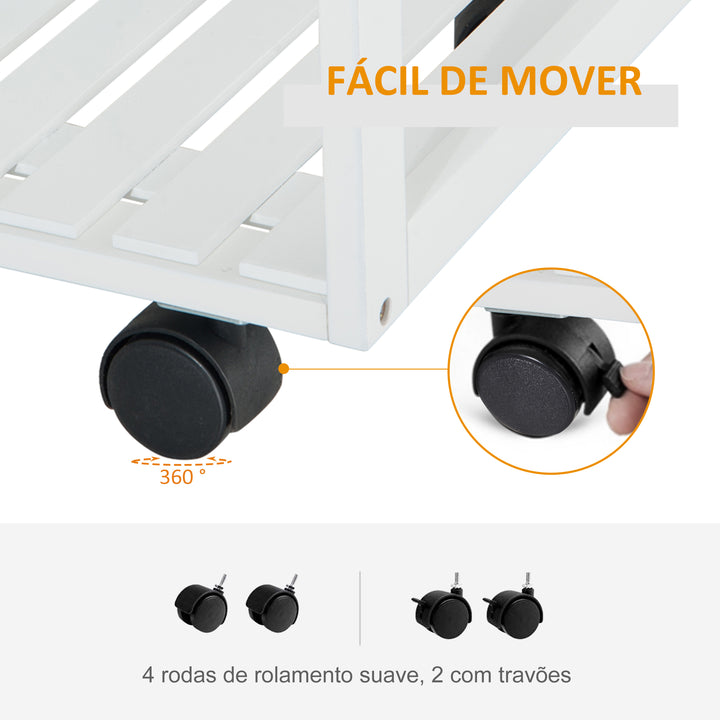 Carrinho de Cozinha de madeira com porta de vidro e 2 prateleiras e 4 rodinhas Branco 70x37x85 cm