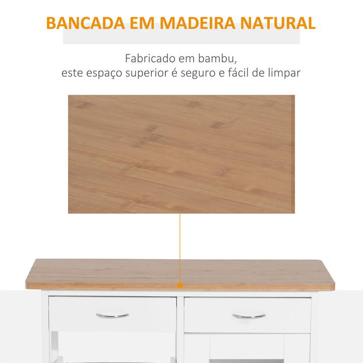 Carrinho de Cozinha de madeira com porta de vidro e 2 prateleiras e 4 rodinhas Branco 70x37x85 cm