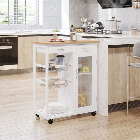 Carrinho de Cozinha de madeira com porta de vidro e 2 prateleiras e 4 rodinhas Branco 70x37x85 cm