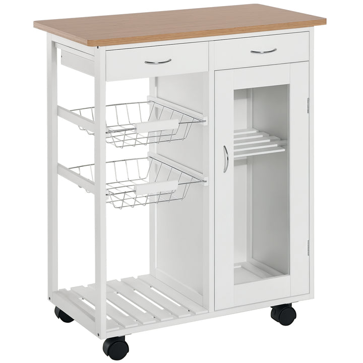 Carrinho de Cozinha de madeira com porta de vidro e 2 prateleiras e 4 rodinhas Branco 70x37x85 cm