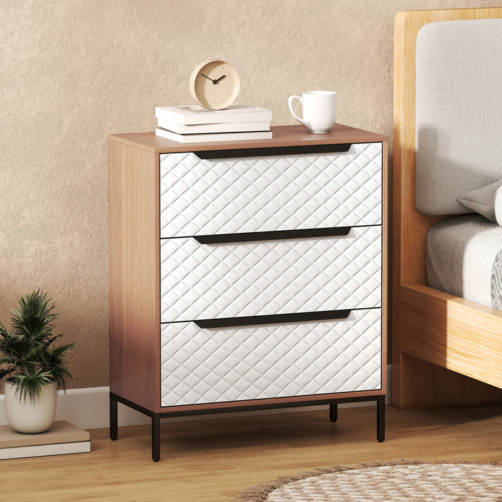 Cómoda com 3 Gavetas de Tecido Cómoda para Quarto Frentes com Padrão de Diamante Móvel de Arrumação para Sala de Estar Escritório Closet 59,5x30x73,5 cm Madeira e Branco