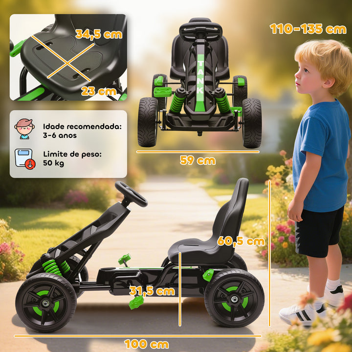 Kart a Pedais para Crianças a Partir dos 3 Anos Kart com Embraiagem Automática Travão Rodas Antiderrapantes em EVA e Estrutura Metálica Carga 50 kg 100x59x60,5 cm Verde